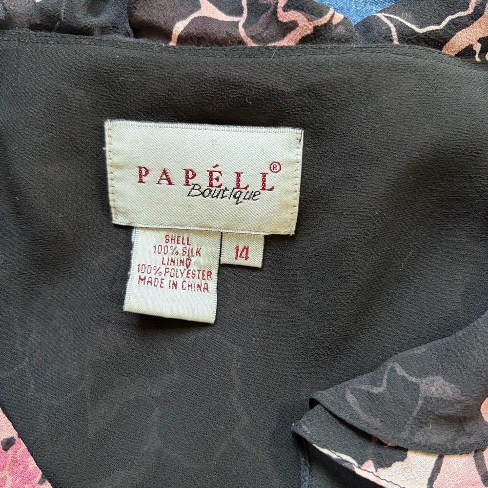 vtg papéll boutique 100% silk pink floral black dress ruffles size 14 - Picture 2 of 14